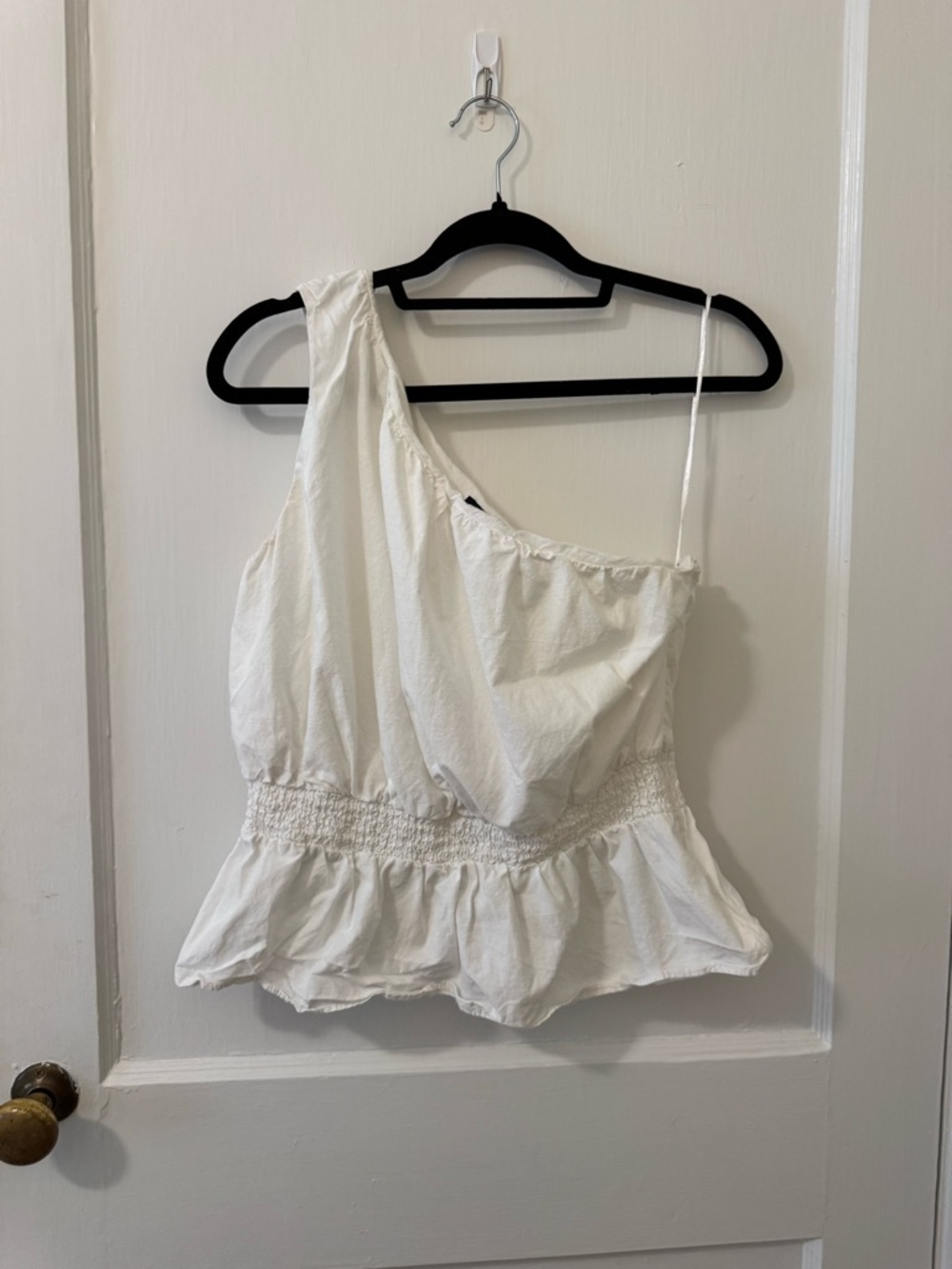French Connection White One-Shoulder Smocked Peplum Tank